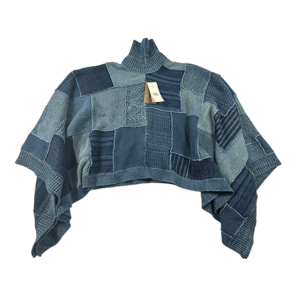 RRL Ralph Lauren Blue Patchwork Cotton Linen Blend Knit Poncho Size XS/S NWT